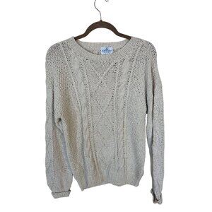 WinterSilks Cable Knit Sweater Womens Ivory Medium Beige Open Weave Pullover